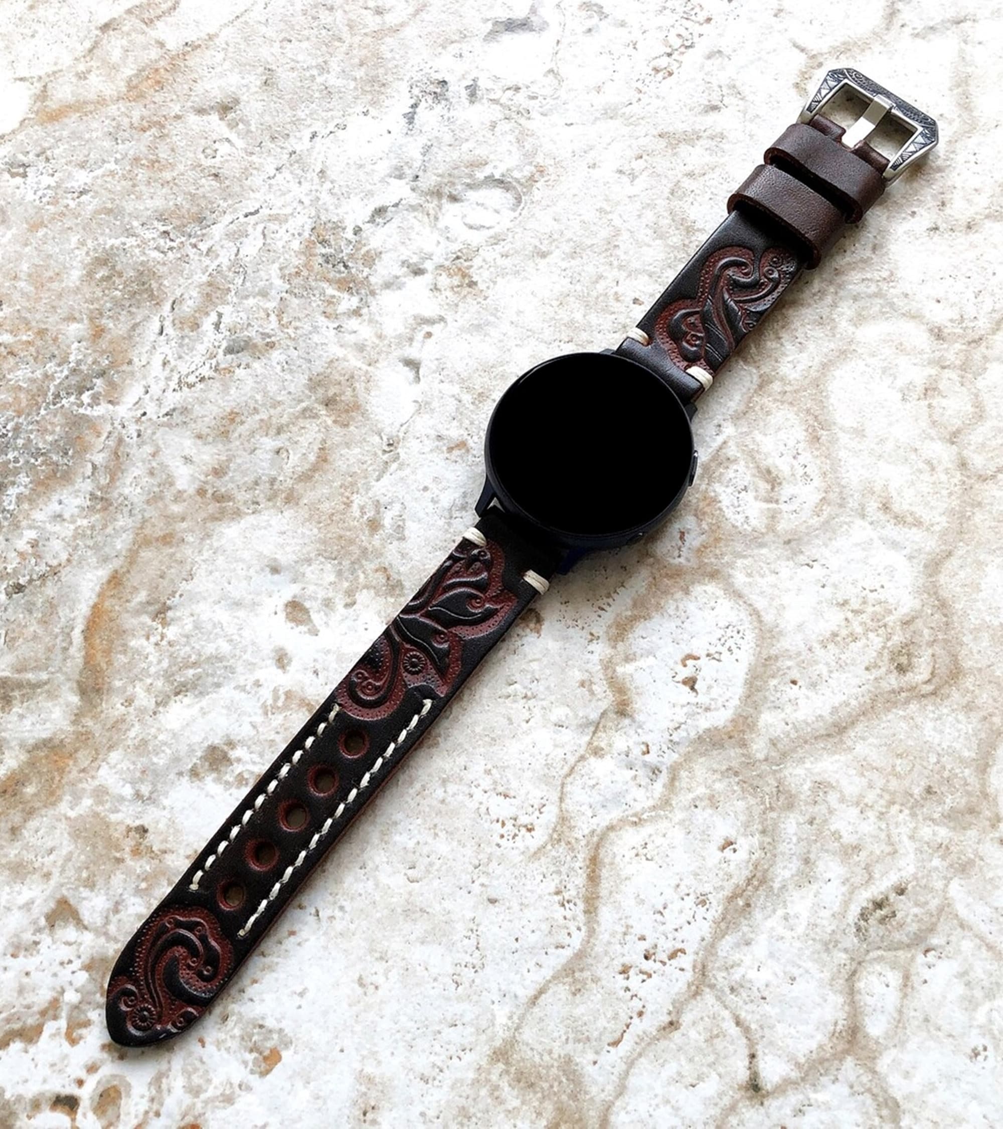 Google Pixel Watch 3 2 1 41mm Band Dark Brown Embossed Genuine Leather Bracelet Wristband Tooled Strap Fashion Accessory Tech Jewelry B20A